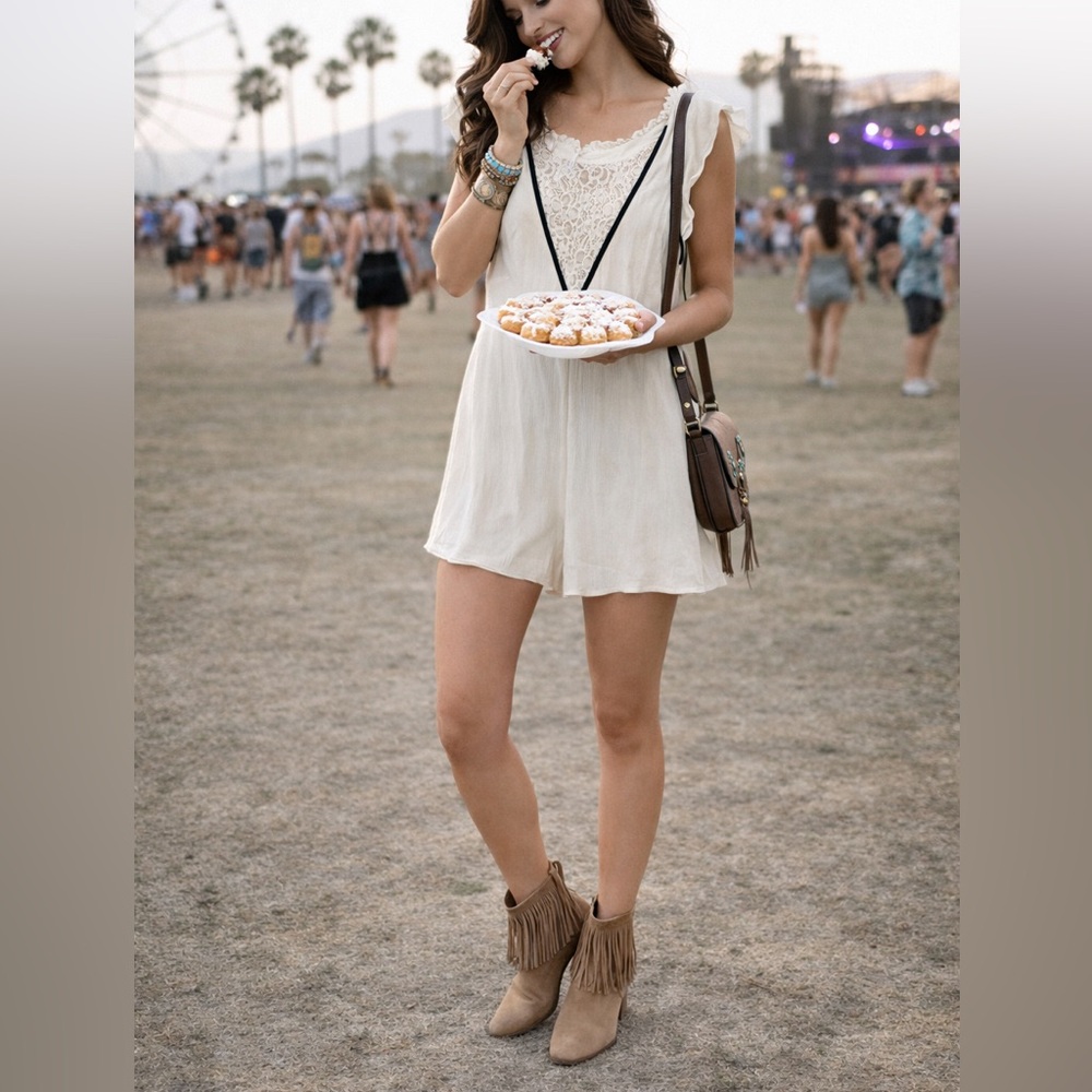 ASOS Coquette Lace Vintage White Romper Dress with Black Trim Boho Festival